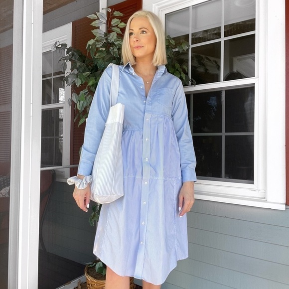 Poplin Crisp Wearable Art Pleated Striped Midi Tailored Button Down Shirt Dress - Picture 1 of 13